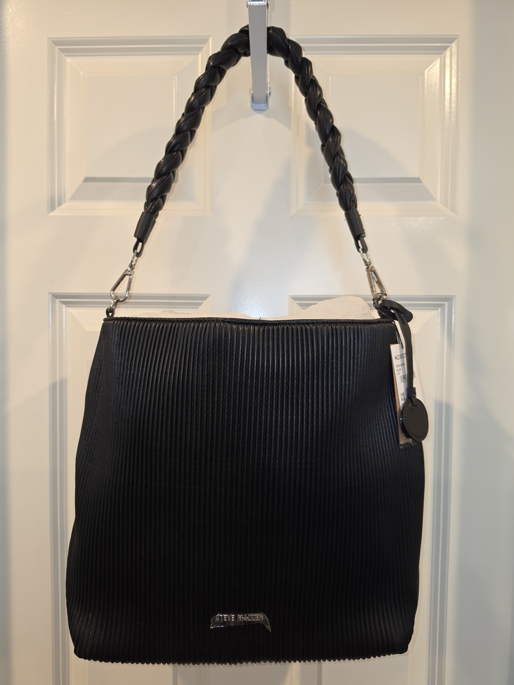 Steve Madden Black Ribbed Hobo Shoulder Bag with Braided Strap